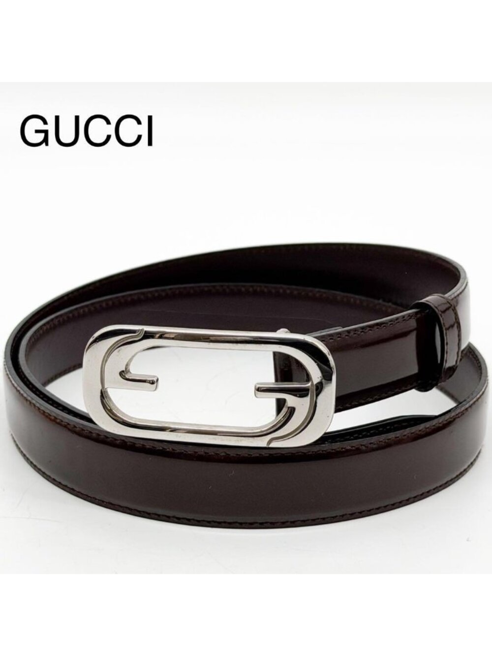 Gucci Patent Brown Belt GG Interlocking G Silver